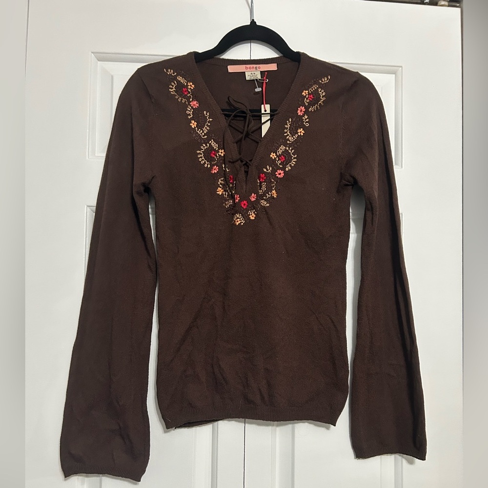 Vintage Y2K BONGO Brown Lace-Up V-Neck Sweater with Floral Embroidery NWT